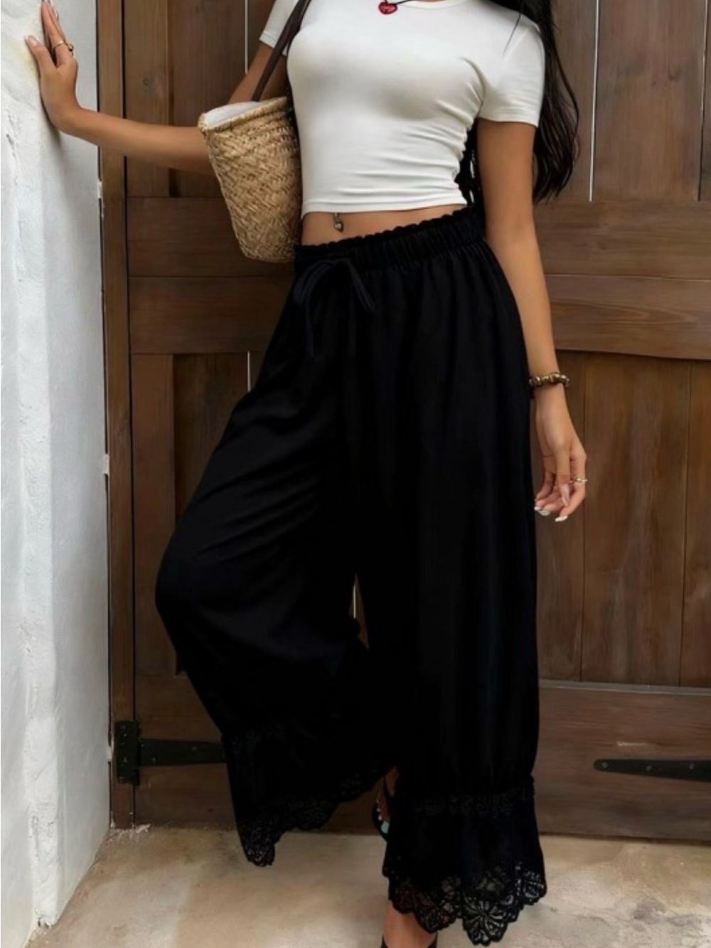 Women’s Black Wide-Leg Lace Hem Pants